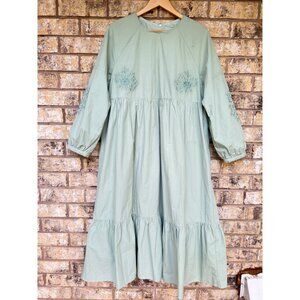size 10 Meadows Bohemian Sage Green Long-Sleeve Midi Dress Embroidered Floral (H